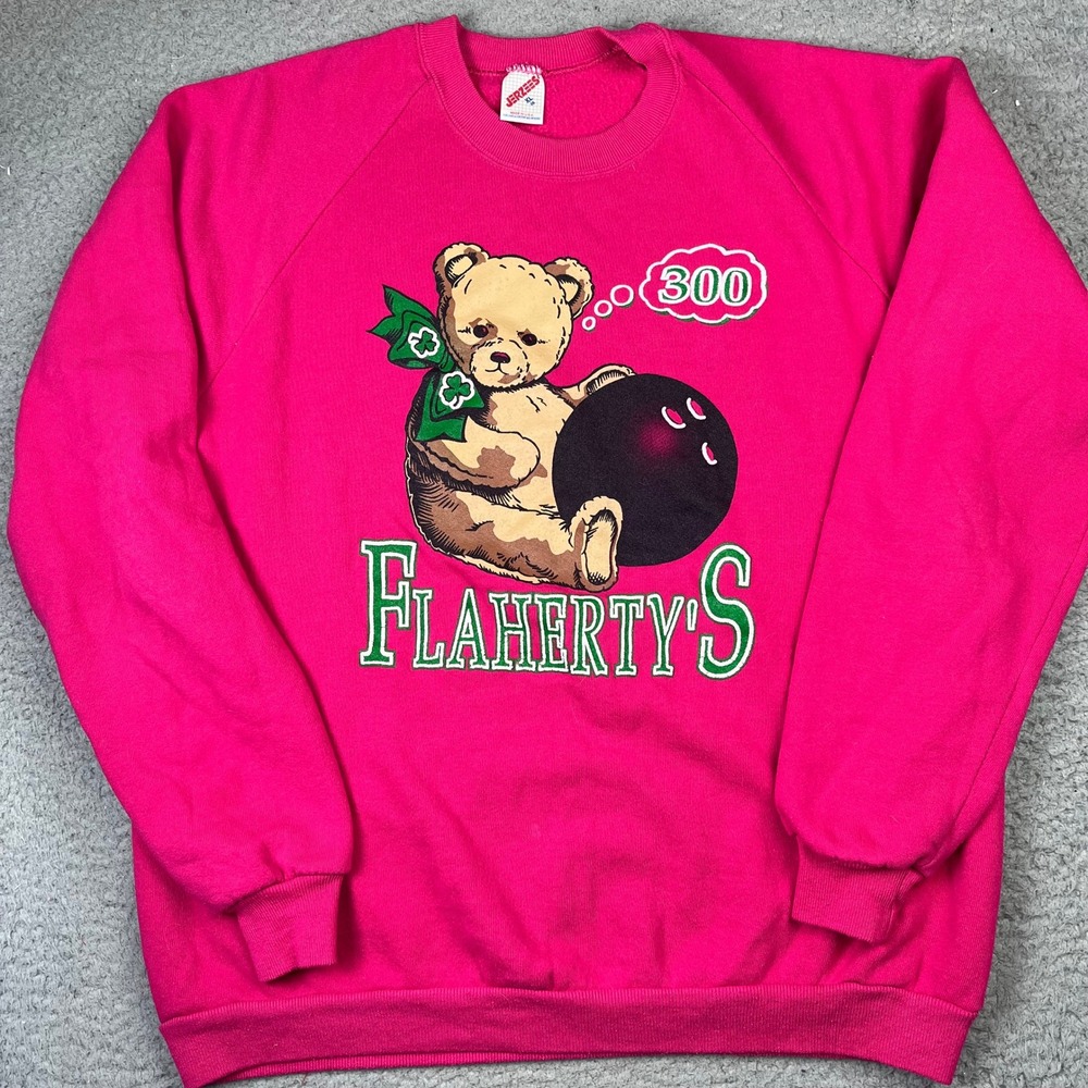 Vintage Flaherty's Bowling Bear Sweatshirt Mens XL Pink USA Made Minnesota MN